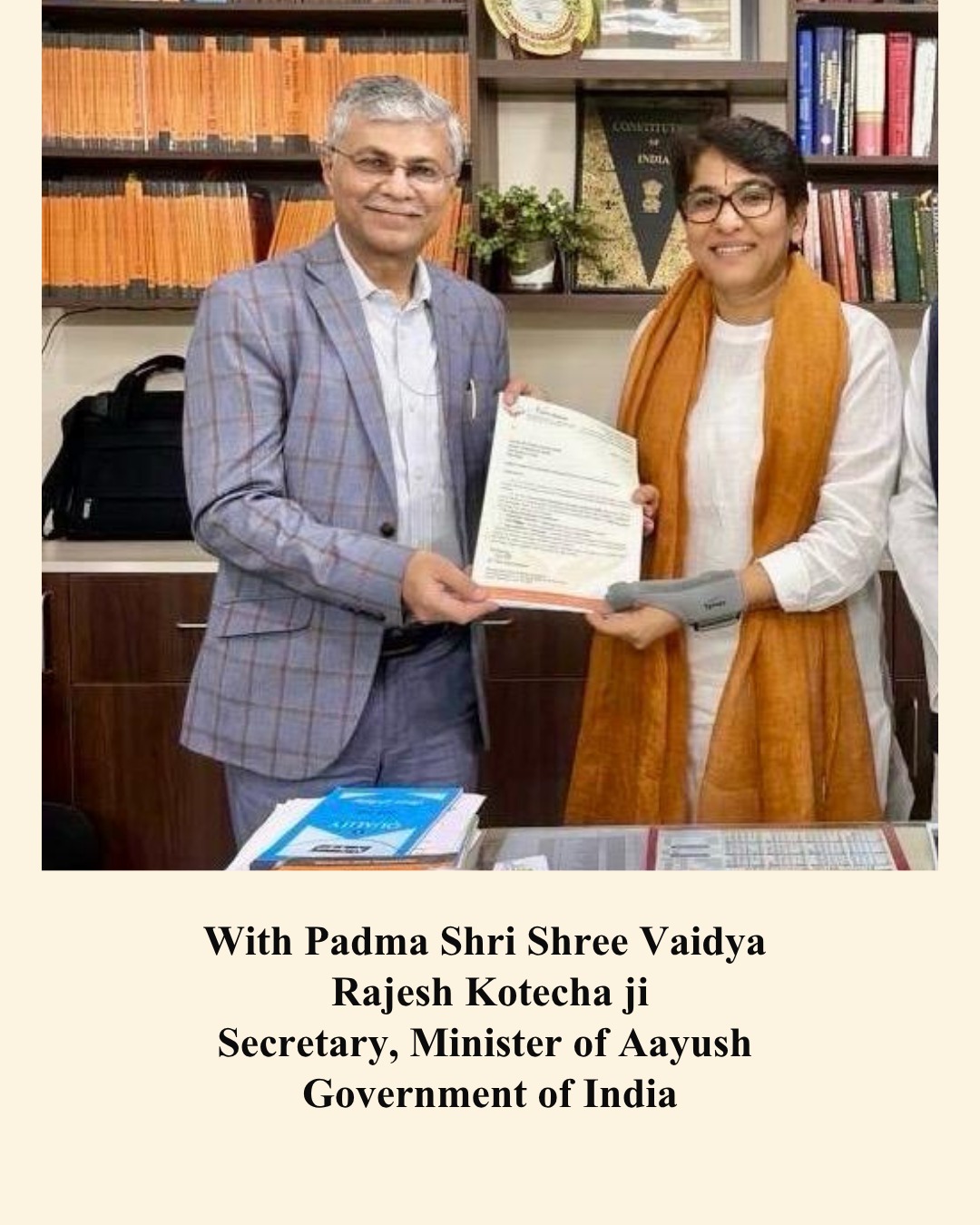 Received Recognition from Padma Shri Shree Vaidya Rajesh Kotecha ji, Secretary, Minister of Aayush Government of India